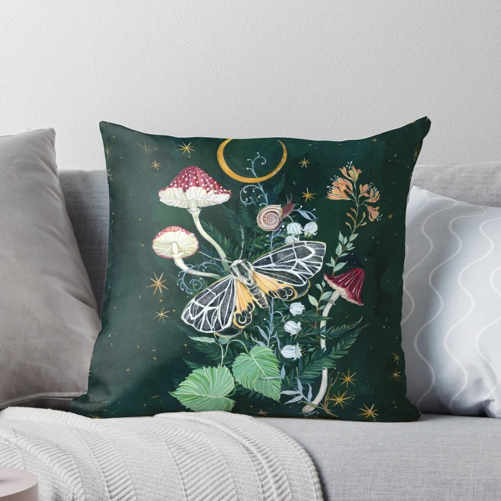 Soft and cozy pillow featuring a dreamy design of mystical moon, magical moths, and botanical foliage