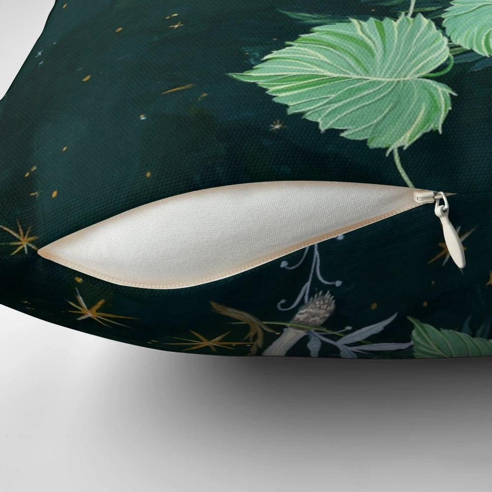 Soft and cozy pillow featuring a dreamy design of mystical moon, magical moths, and botanical foliage