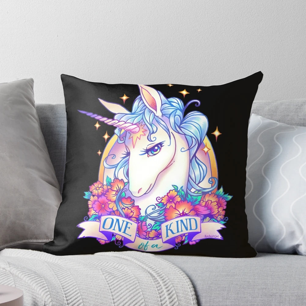 Unique and whimsical creature pillow design featuring a unicorn inspired by the classic fantasy novel "The Last Unicorn".