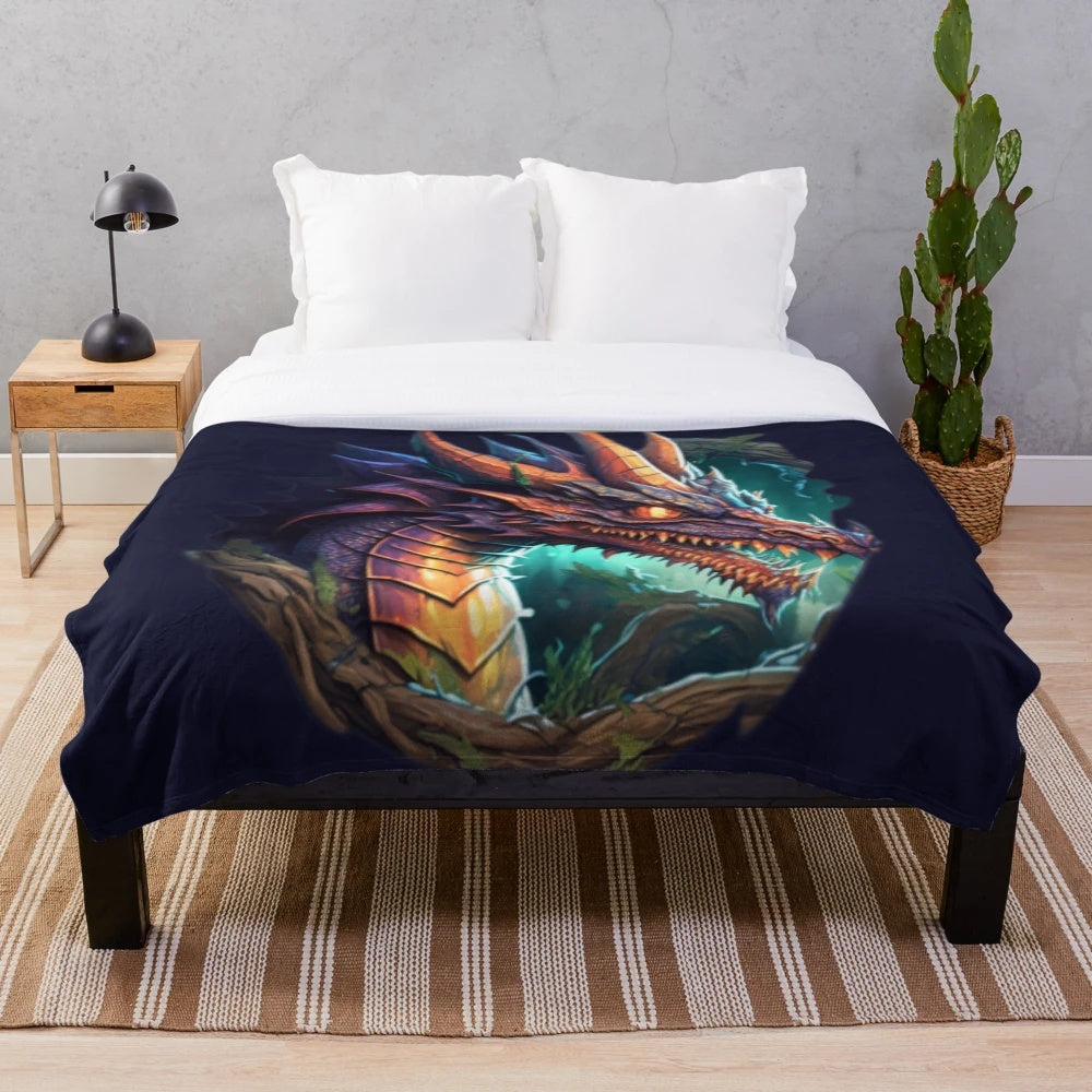 Plush blanket featuring a design of various mythical creatures and fantasy beings