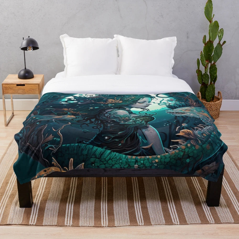 Cozy plush blanket featuring an array of mythical sea creatures