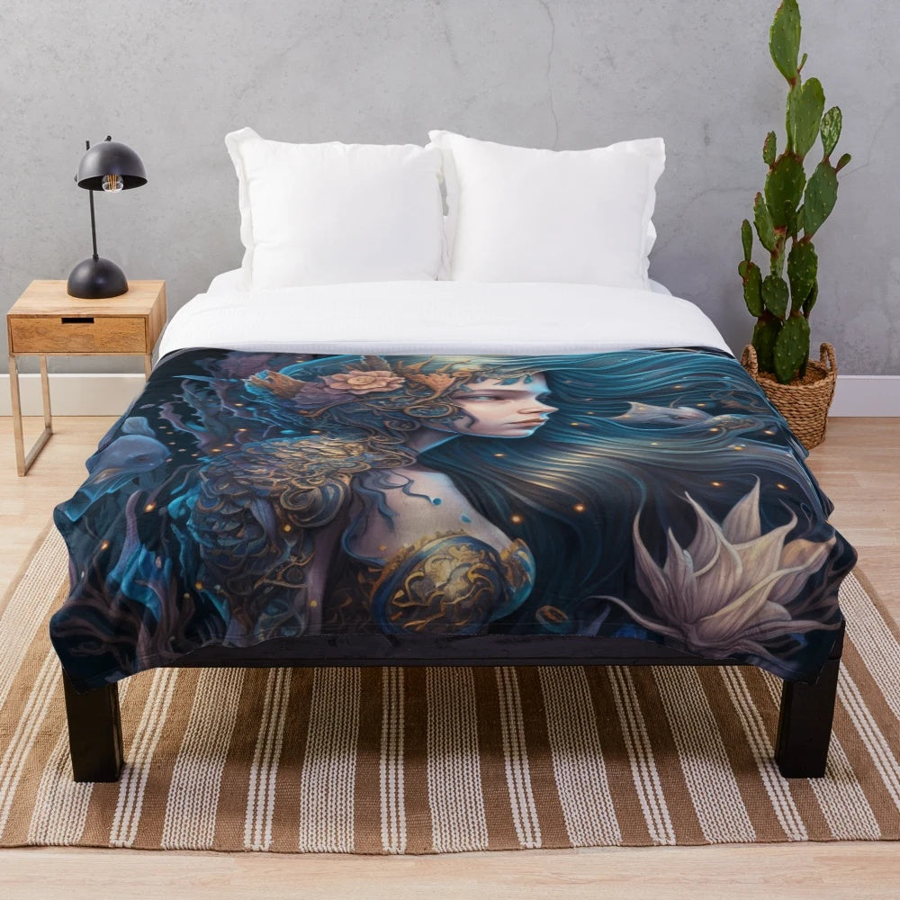 Plush blanket featuring a design of enchanting mythical sea creatures