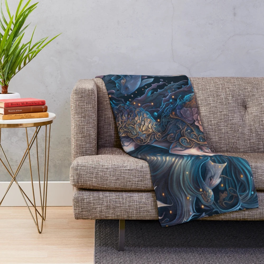 Plush blanket featuring a design of enchanting mythical sea creatures