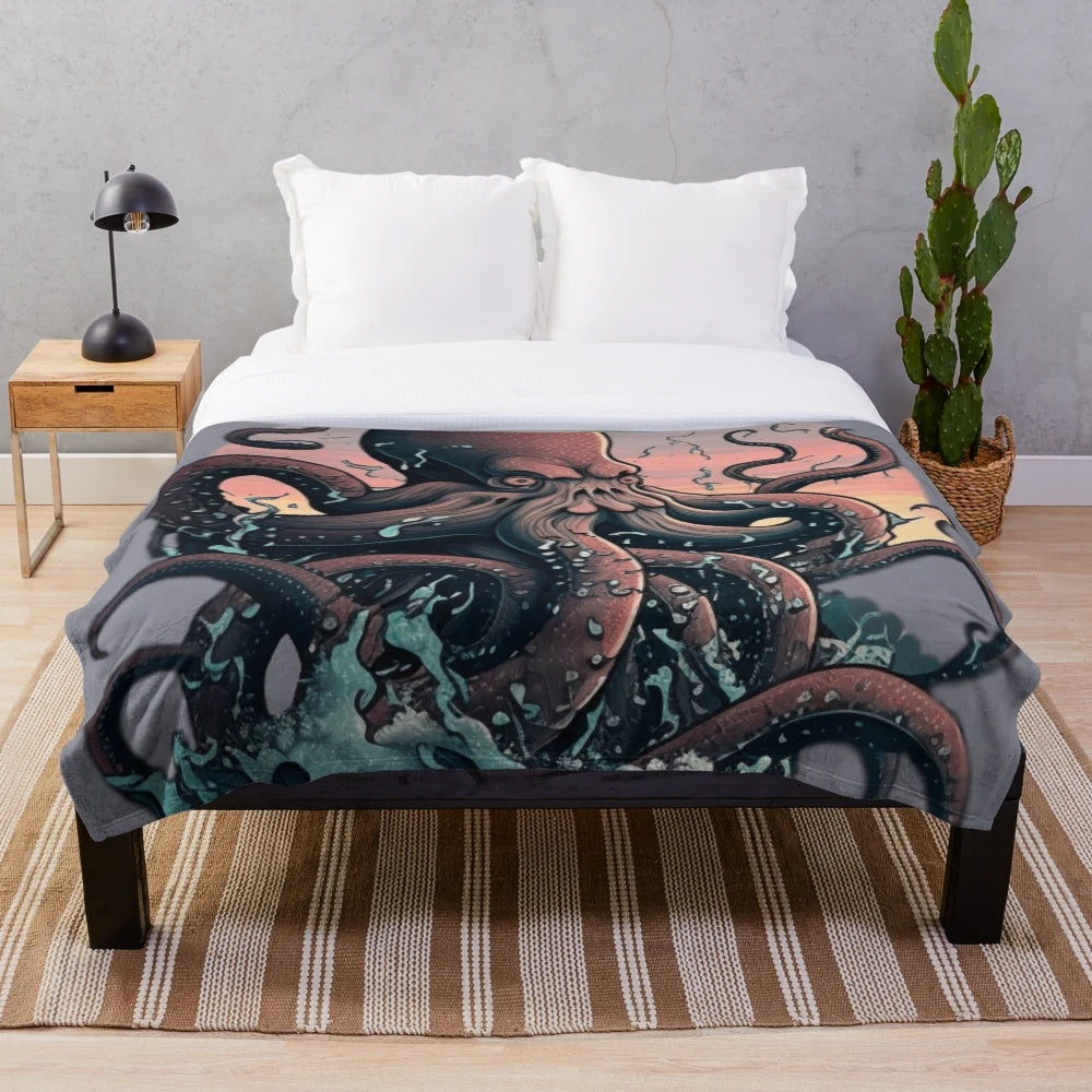 Plush blanket featuring a vibrant design of mythical sea creatures