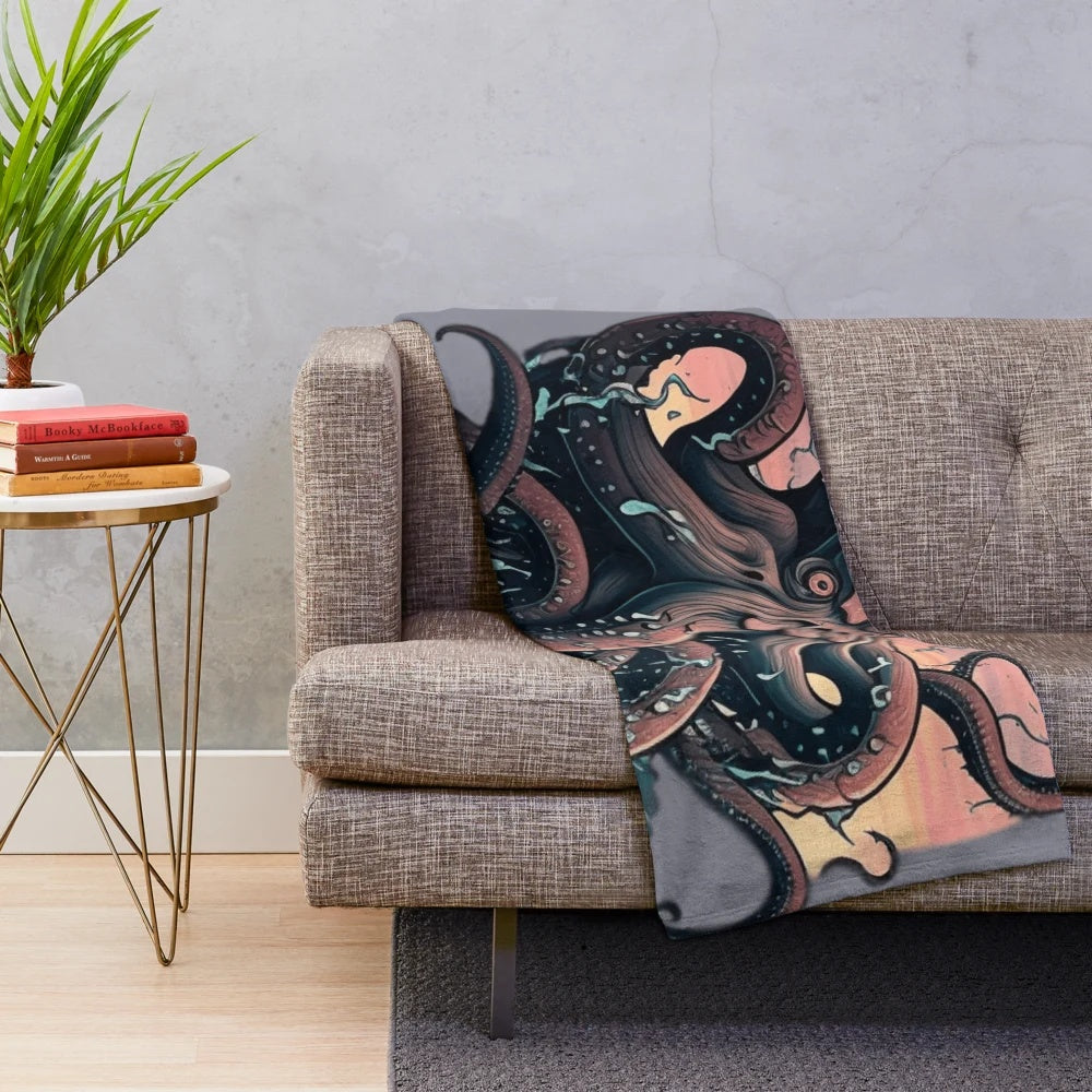 Plush blanket featuring a vibrant design of mythical sea creatures