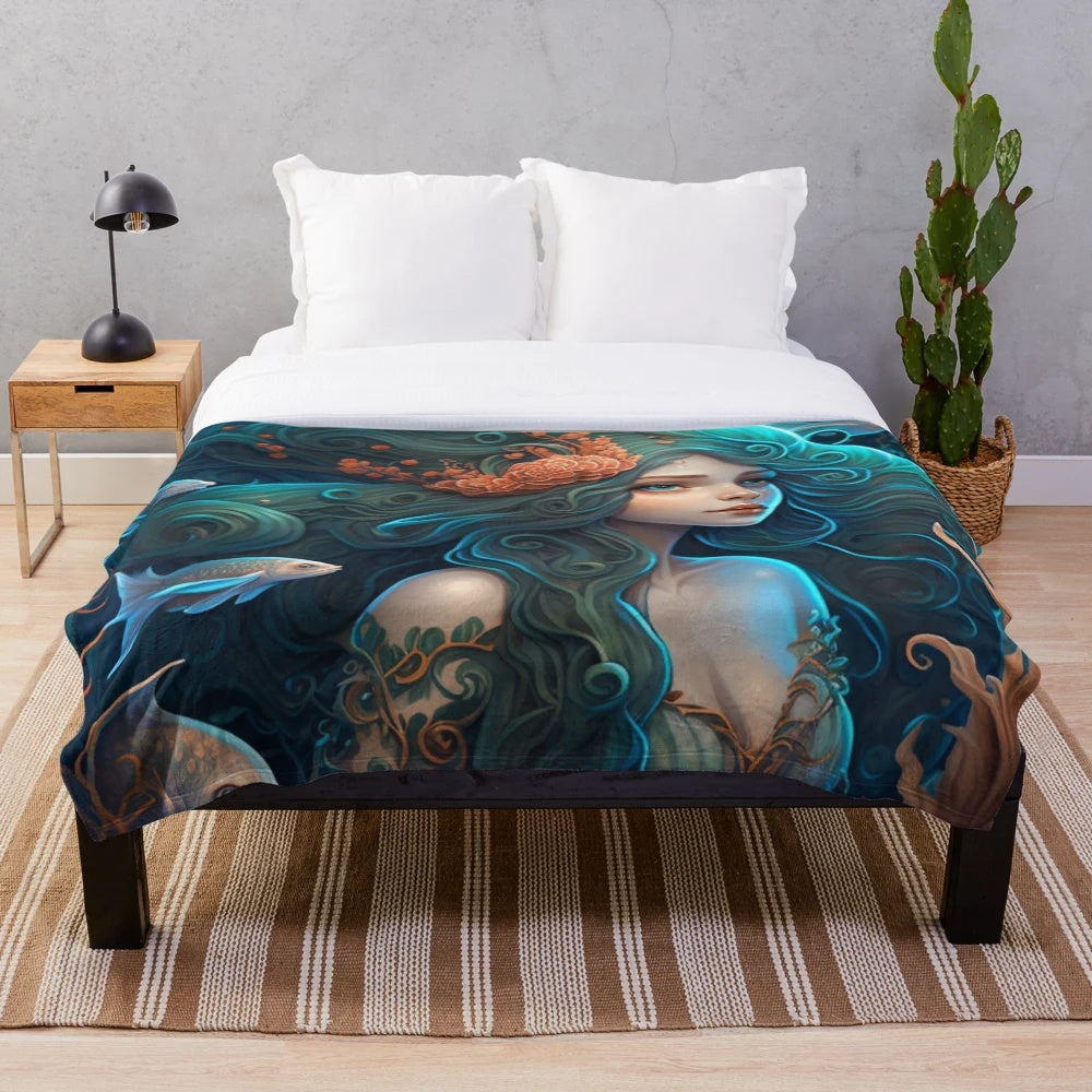 Cozy plush blanket featuring whimsical mythical sea creatures