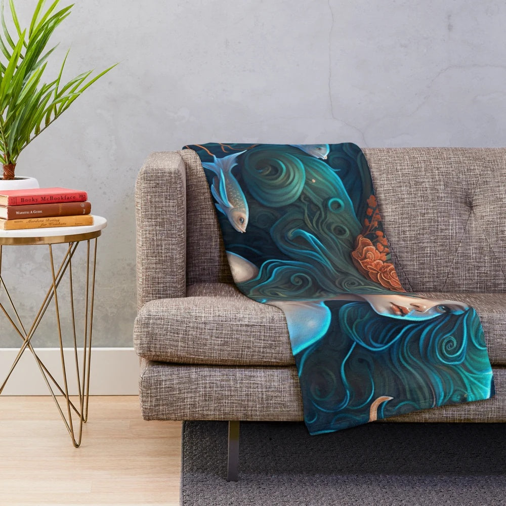 Cozy plush blanket featuring whimsical mythical sea creatures