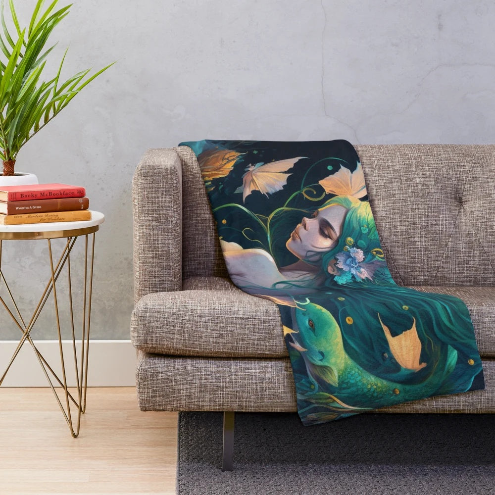Plush blanket featuring a design of enchanting mythical sea creatures