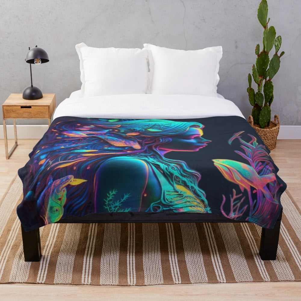 Cozy plush blanket featuring a variety of mythical sea creatures