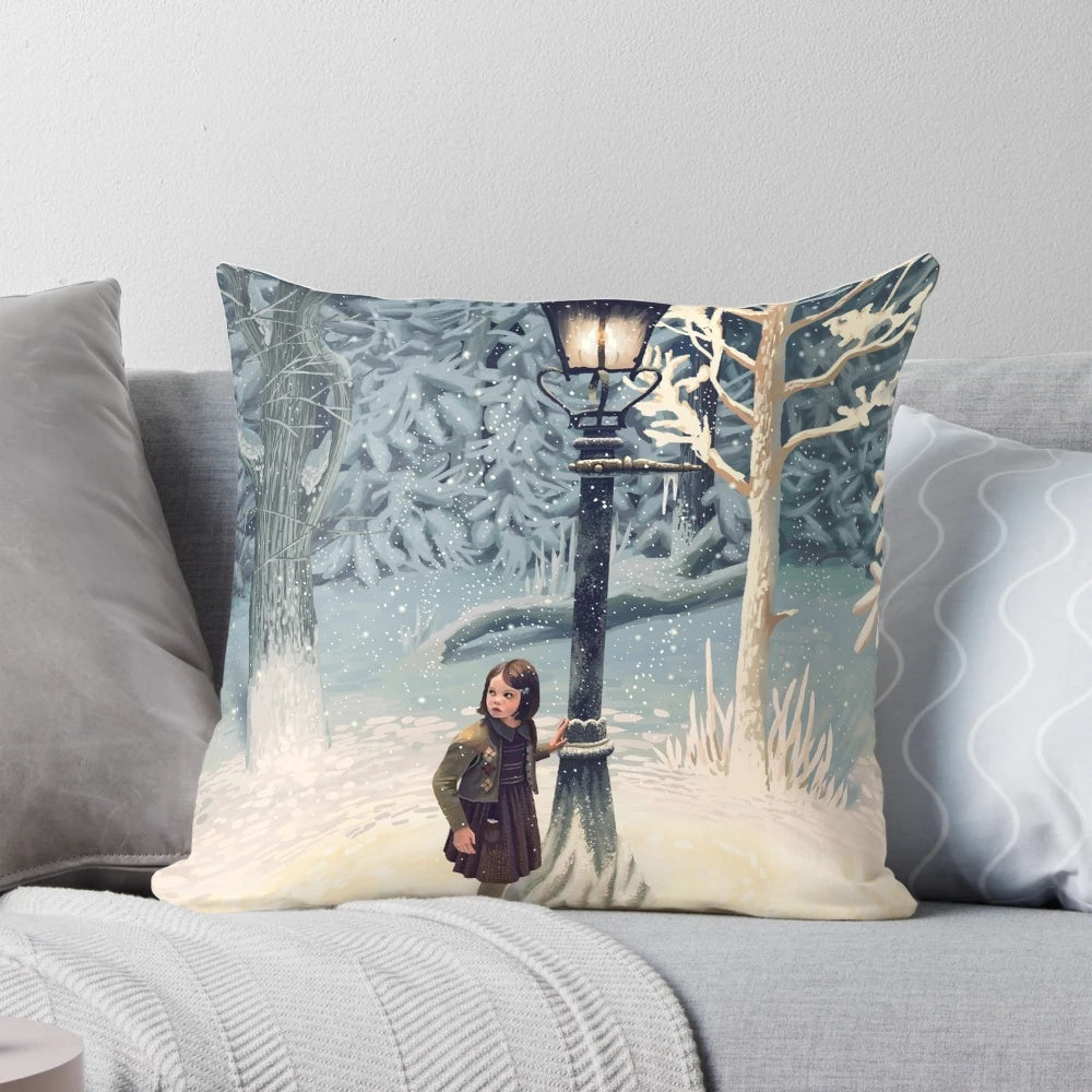 Decorative fantasy pillow featuring the iconic lamppost from the Chronicles of Narnia, with Lucy Pevensie