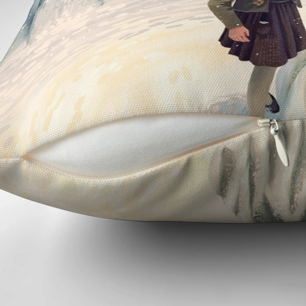 Decorative fantasy pillow featuring the iconic lamppost from the Chronicles of Narnia, with Lucy Pevensie