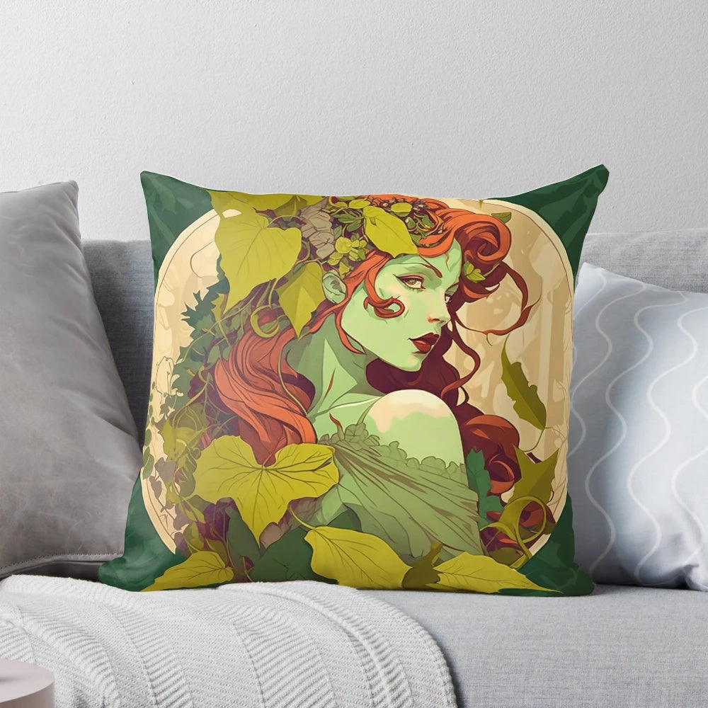A whimsical decorative pillow featuring a botanical illustration of Poison Ivy, a captivating female portrait in the Art Nouveau style.