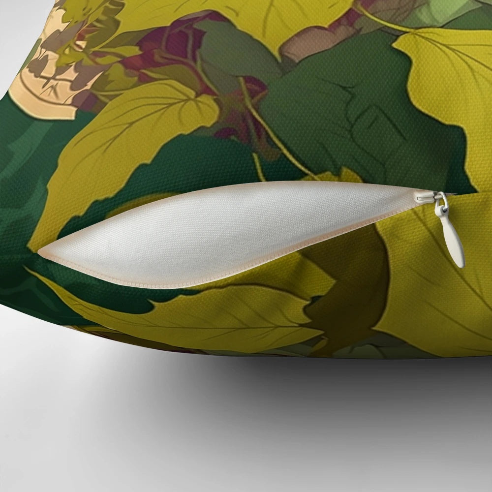 A whimsical decorative pillow featuring a botanical illustration of Poison Ivy, a captivating female portrait in the Art Nouveau style.