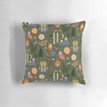 A nature-inspired pillow with a forest design, featuring owls, campfires, and wanderlust elements.
