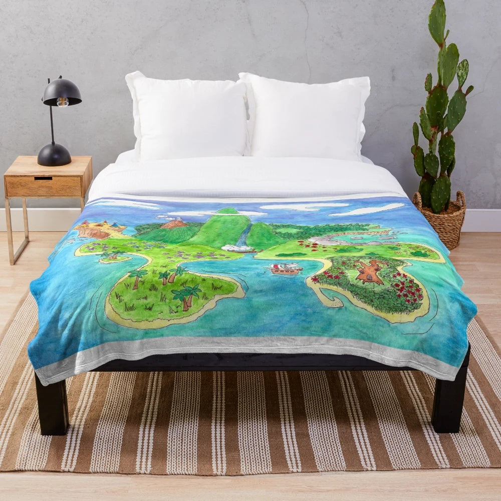 Neverland Plush Blanket featuring watercolor design of magical island