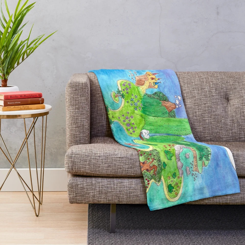 Neverland Plush Blanket featuring watercolor design of magical island