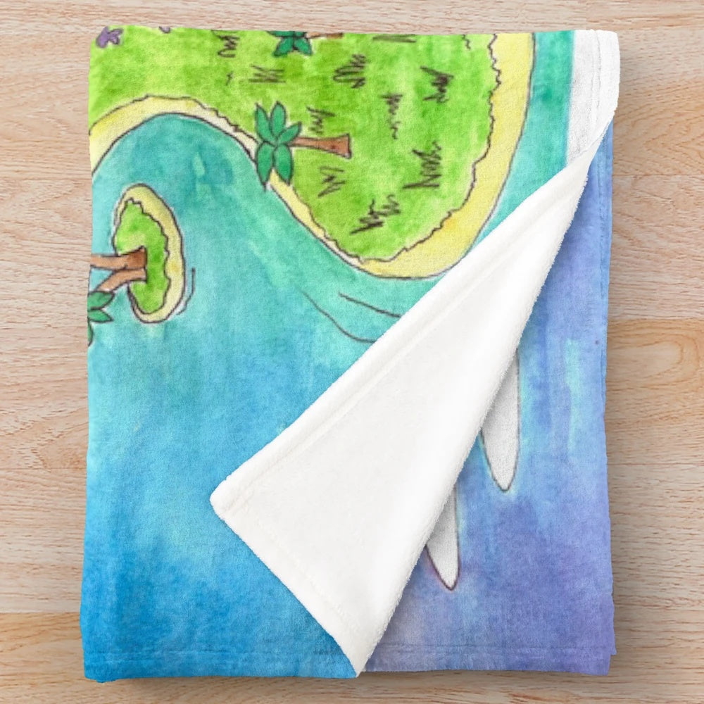 Neverland Plush Blanket featuring watercolor design of magical island