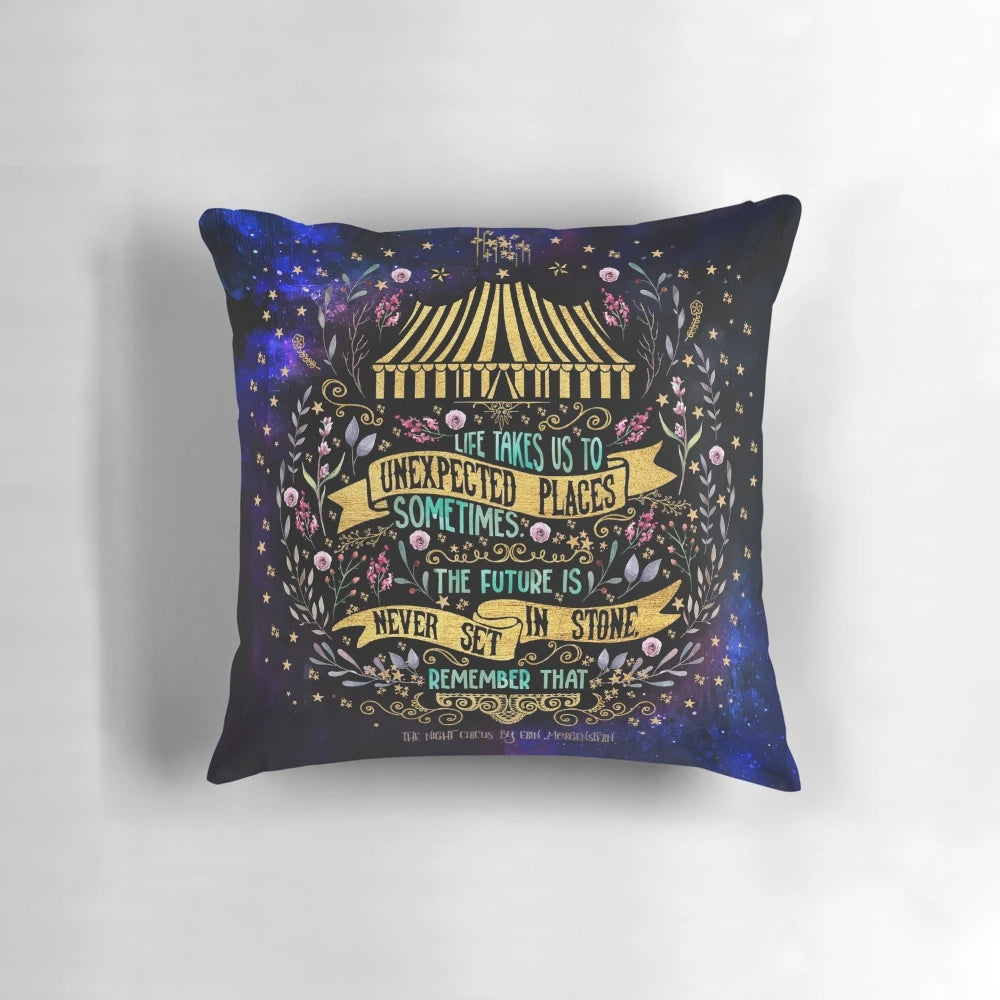 Night Circus" Unexpected Places Pillow featuring whimsical design inspired by the bestselling fantasy novel
