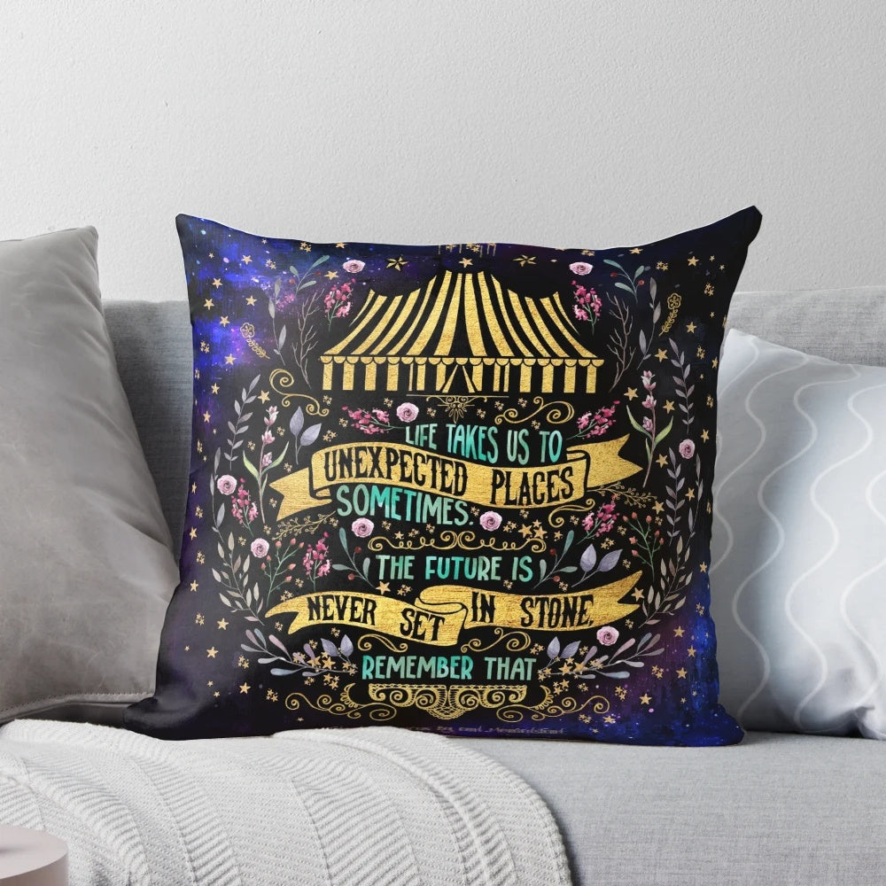 Night Circus" Unexpected Places Pillow featuring whimsical design inspired by the bestselling fantasy novel
