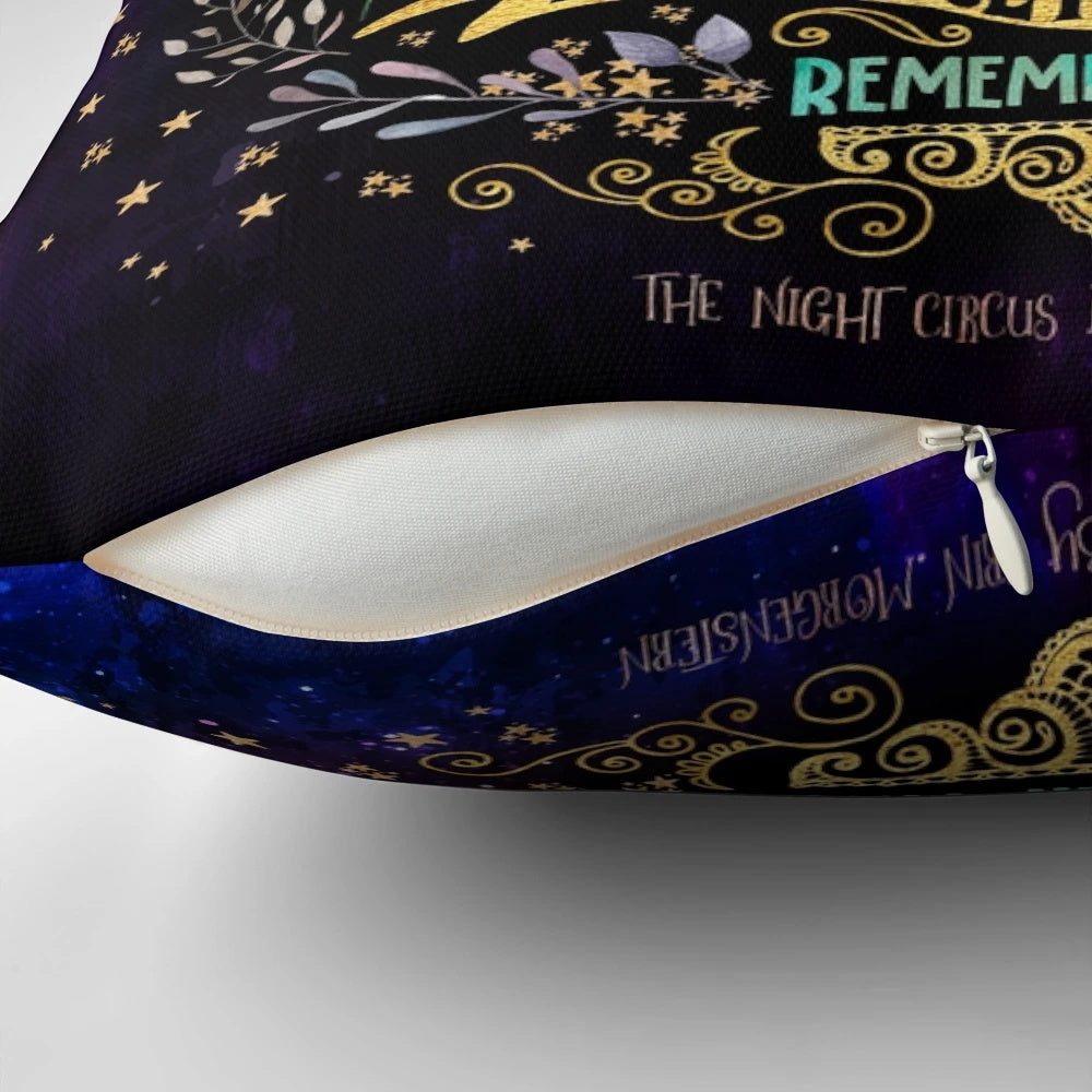 Night Circus" Unexpected Places Pillow featuring whimsical design inspired by the bestselling fantasy novel