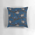 Vibrant blue and white pattern of a night fairy wren bird on a decorative throw pillow.