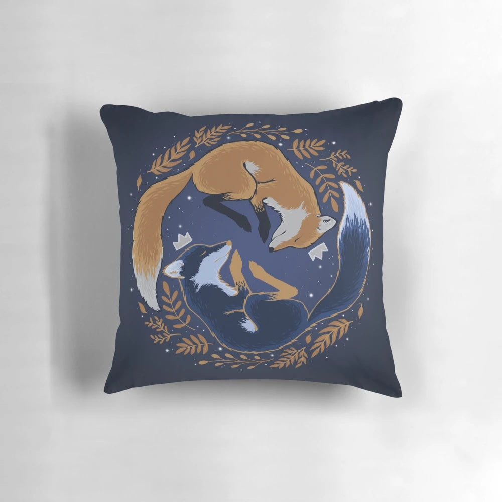 A decorative pillow featuring a captivating night foxes design with golden leaves and a starry sky backdrop.