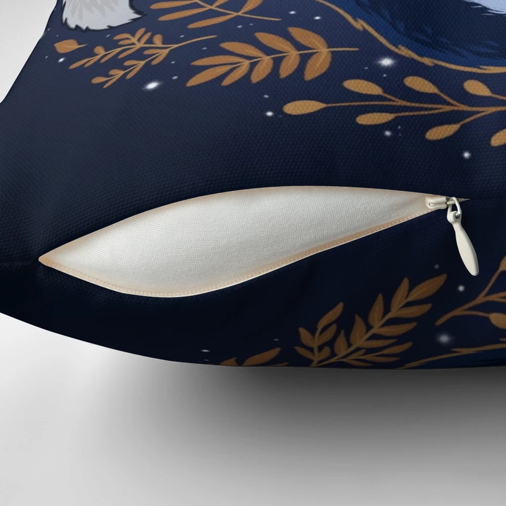 A decorative pillow featuring a captivating night foxes design with golden leaves and a starry sky backdrop.