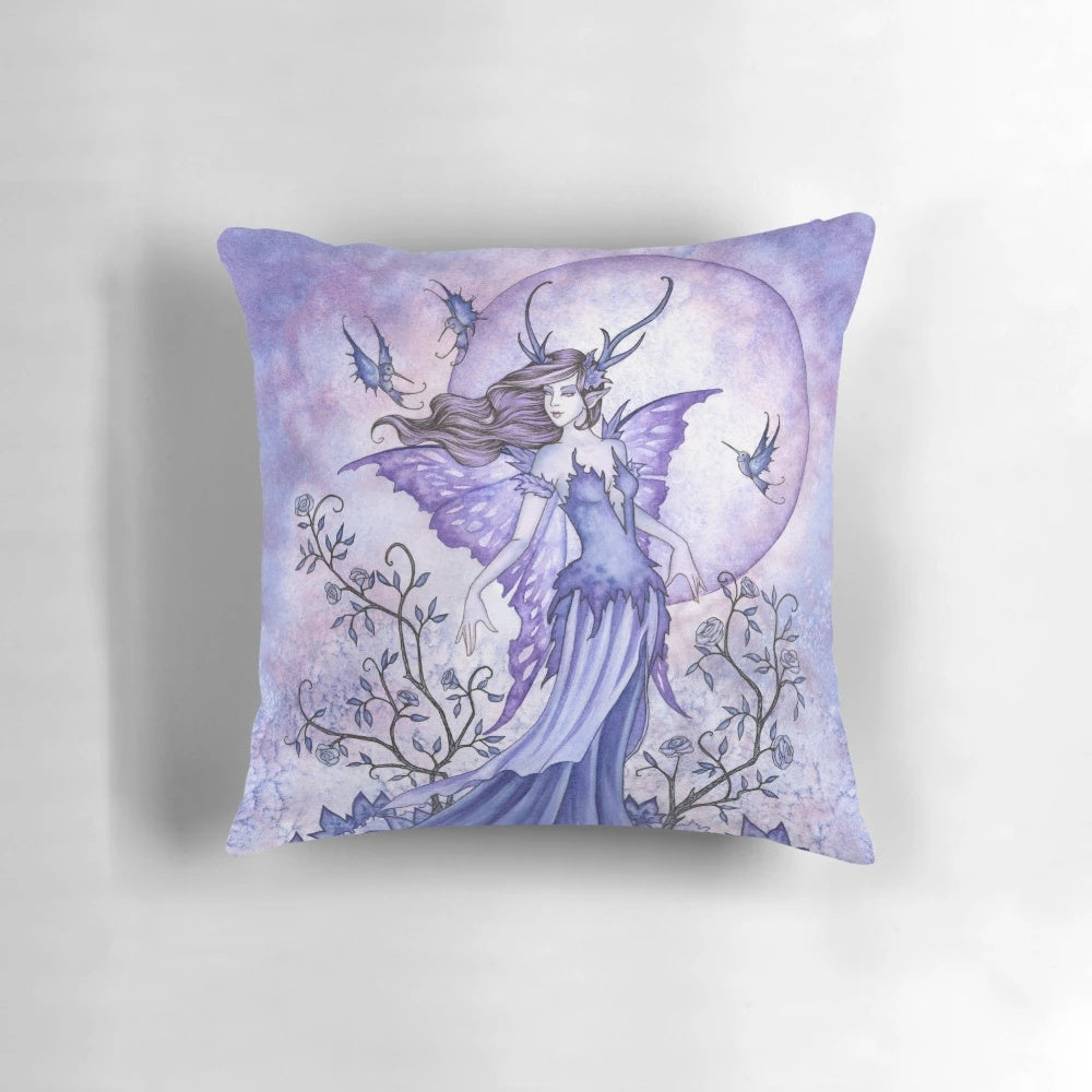 Mystical full moon, hummingbirds, and roses adorn this captivating "Night Garden" fantasy pillow.