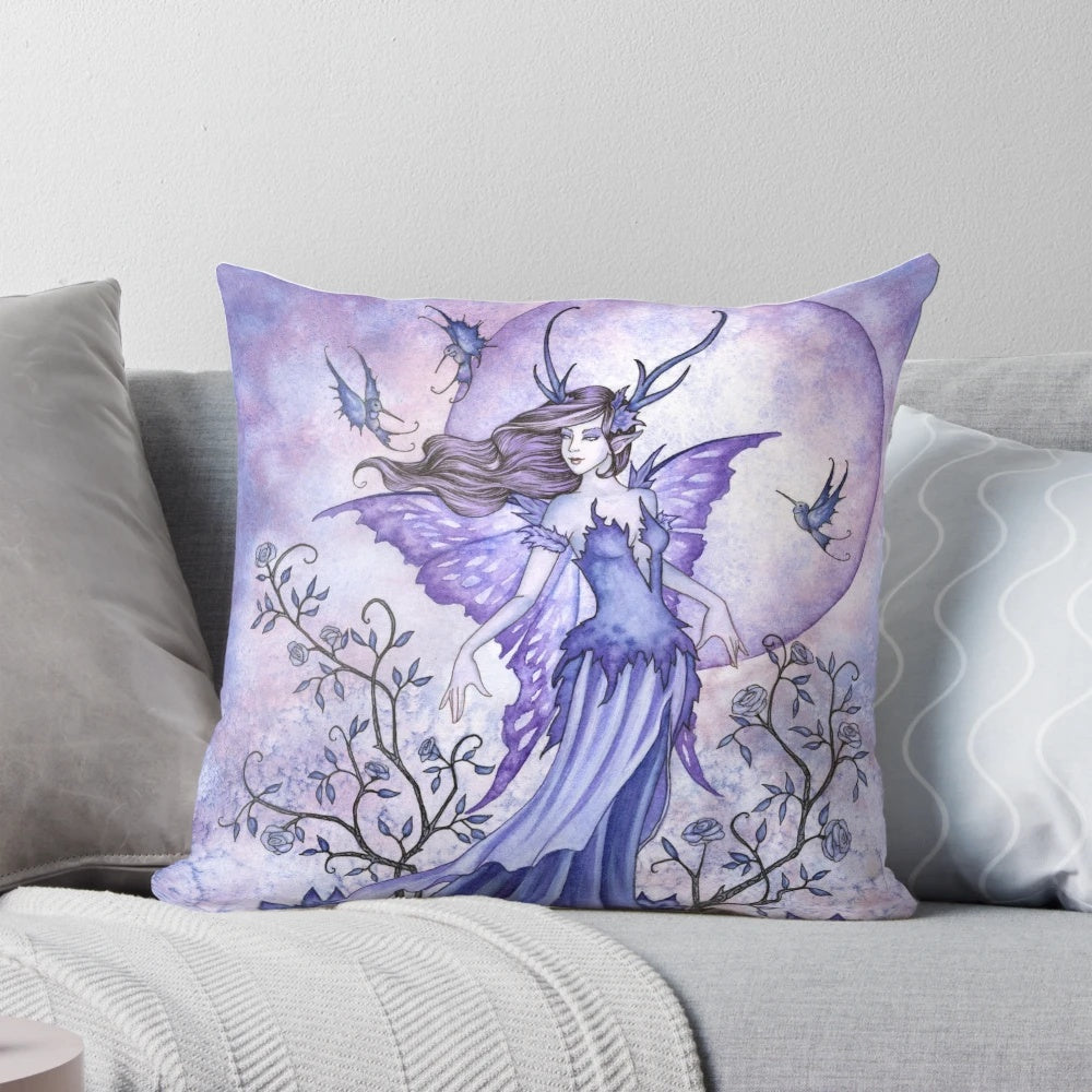 Mystical full moon, hummingbirds, and roses adorn this captivating "Night Garden" fantasy pillow.