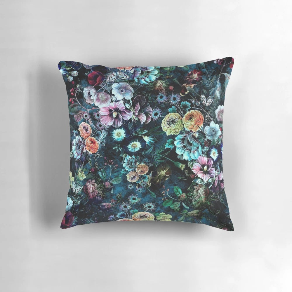 Elegant night garden pillow with a seamless digital floral pattern designed by artist Riza Peker