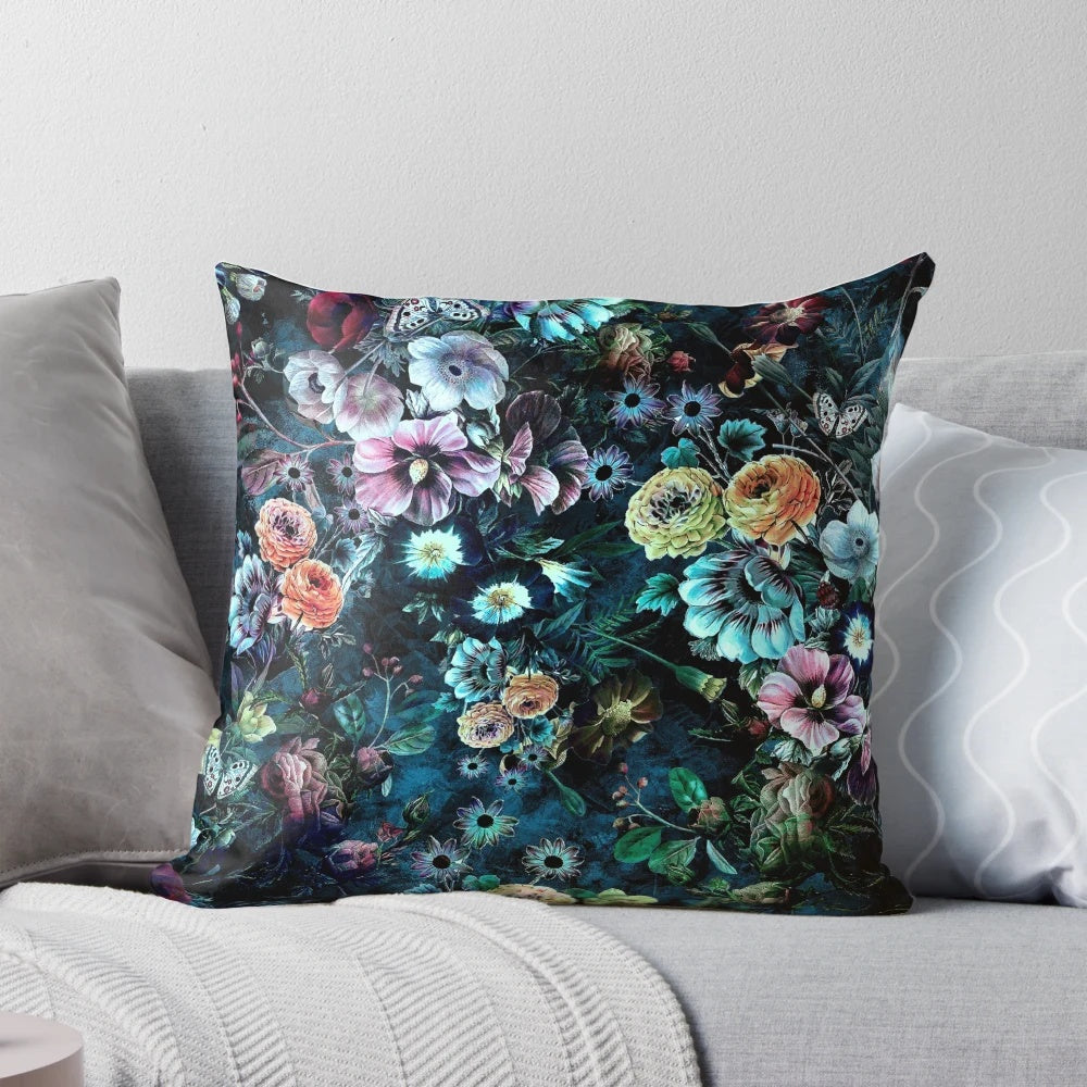 Elegant night garden pillow with a seamless digital floral pattern designed by artist Riza Peker