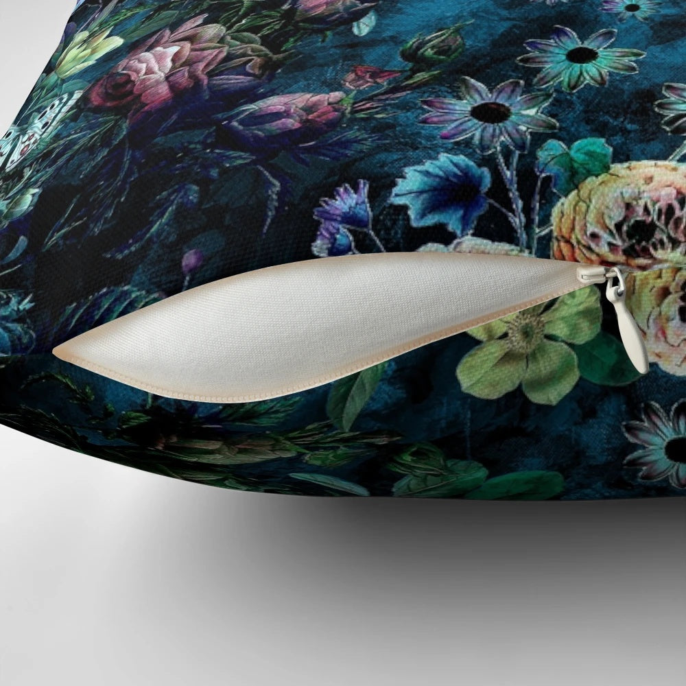 Elegant night garden pillow with a seamless digital floral pattern designed by artist Riza Peker