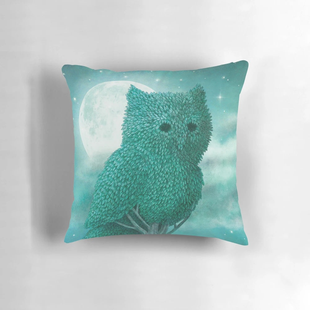 A surreal and magical pillow cover featuring an owl perched on a topiary tree under a starry night sky.