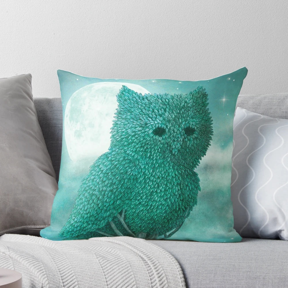 A surreal and magical pillow cover featuring an owl perched on a topiary tree under a starry night sky.