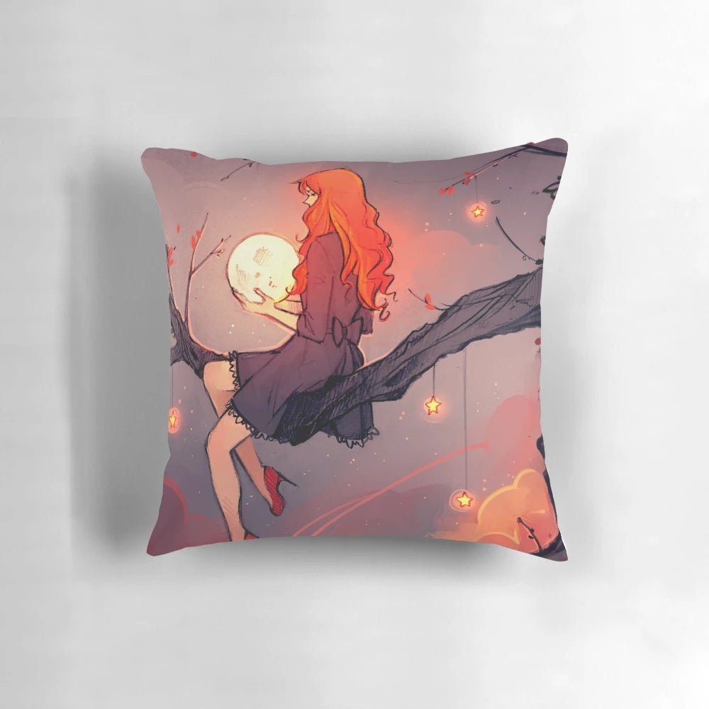 A decorative pillow featuring a starry night sky design by artist Elentori.