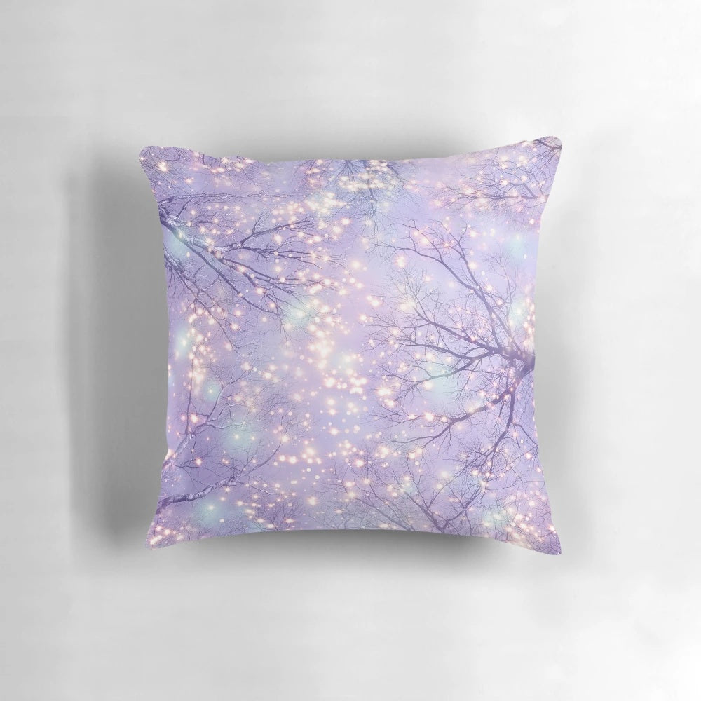 A digital abstract pillow design featuring a night sky with a glowing tree silhouette, evoking a sense of wonder and magic.