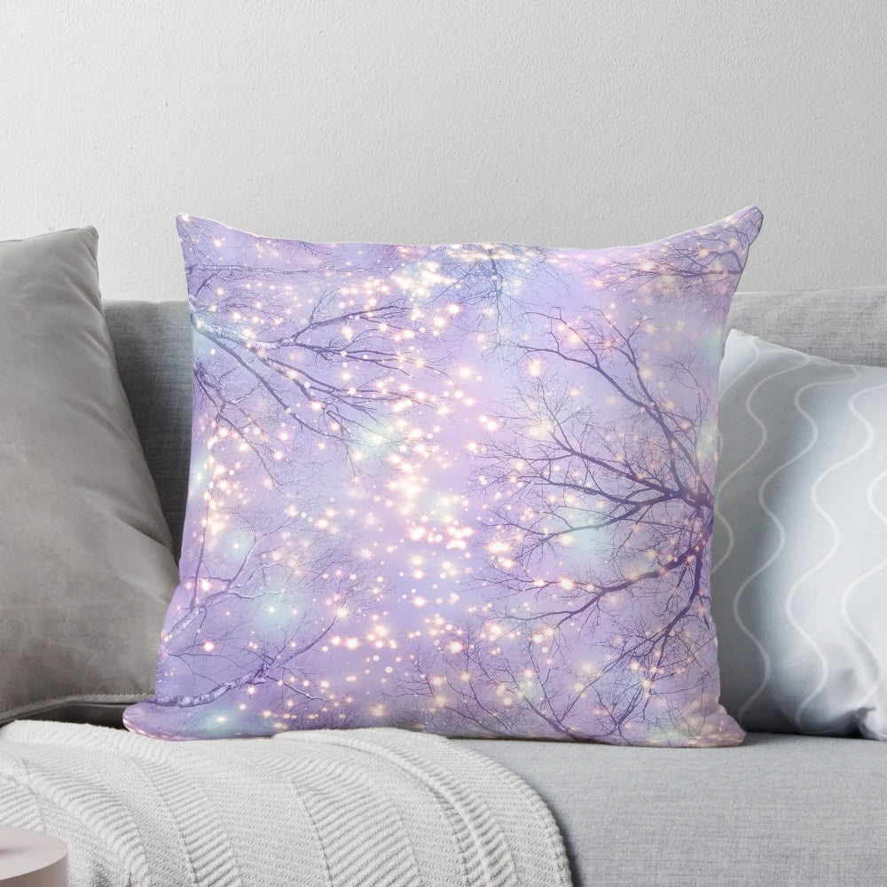 A digital abstract pillow design featuring a night sky with a glowing tree silhouette, evoking a sense of wonder and magic.