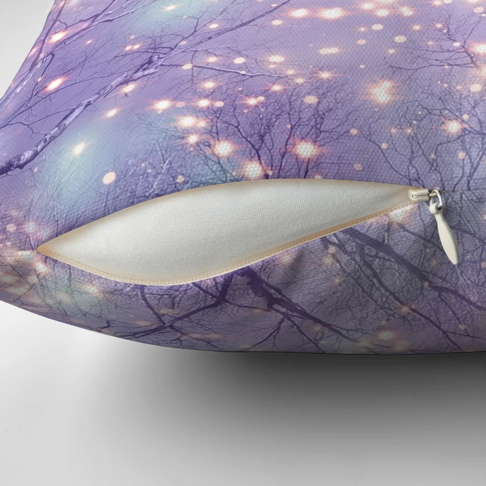 A digital abstract pillow design featuring a night sky with a glowing tree silhouette, evoking a sense of wonder and magic.