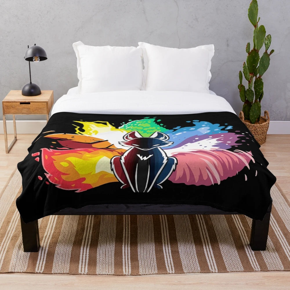 Vibrant plush blanket featuring a nine tailed fox kitsune from Japanese mythology