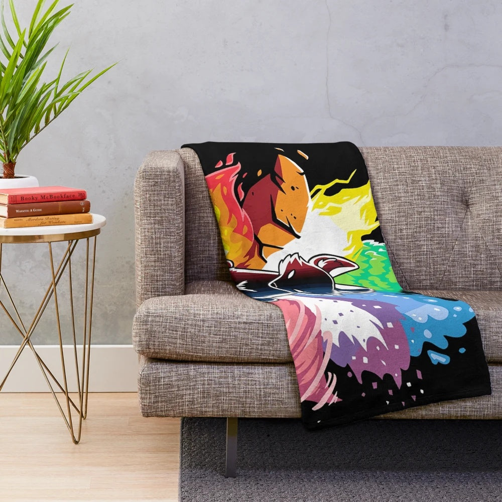 Vibrant plush blanket featuring a nine tailed fox kitsune from Japanese mythology