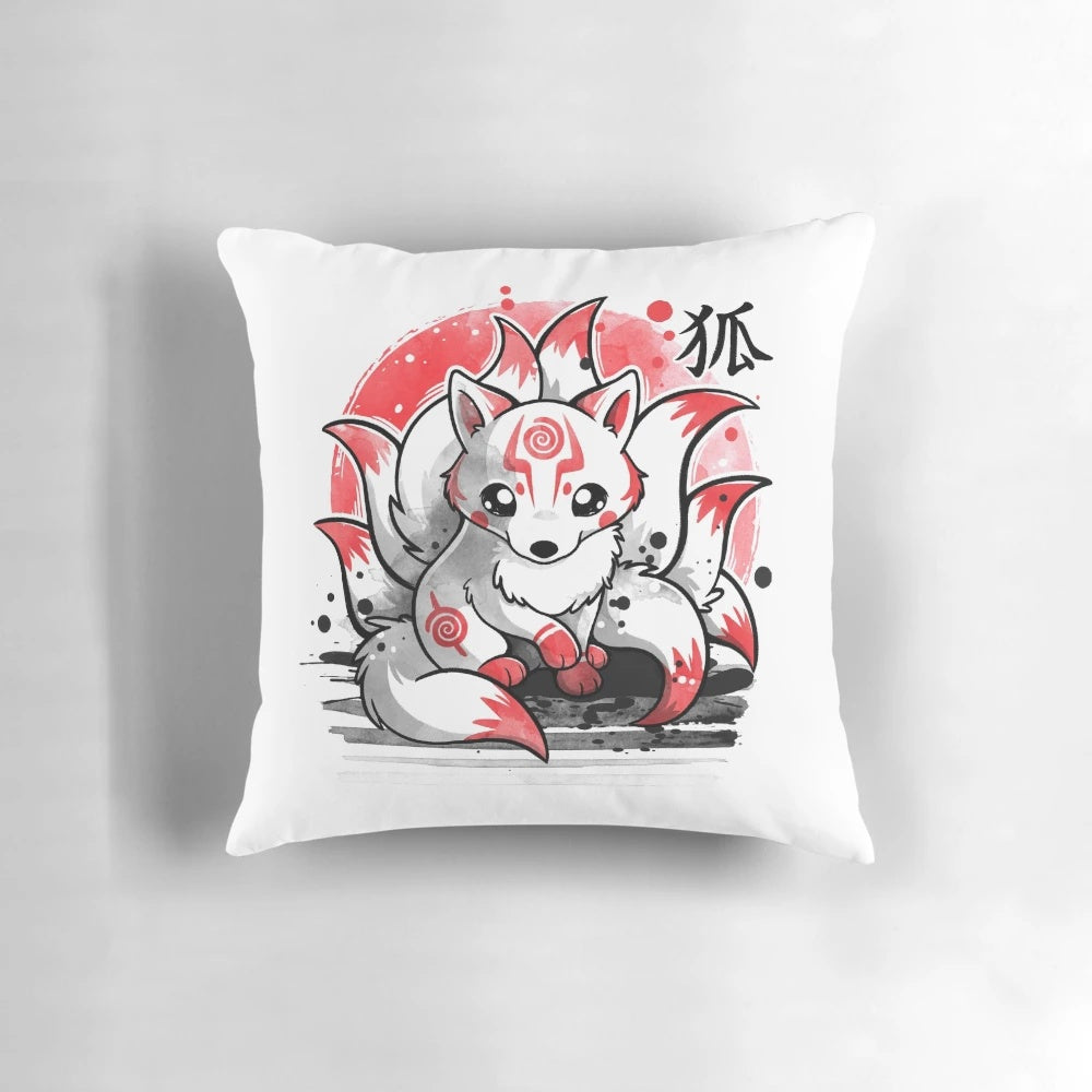 A whimsical watercolor illustration of a nine-tailed fox spirit on a soft, plush pillow
