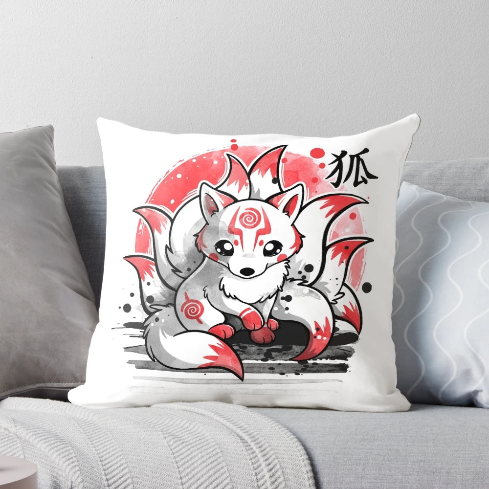 A whimsical watercolor illustration of a nine-tailed fox spirit on a soft, plush pillow