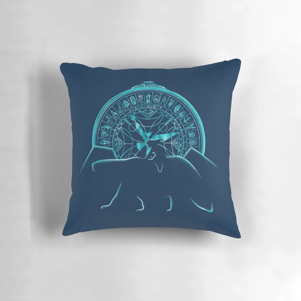 Northern Lights Pillow featuring a silhouette of a polar bear, inspired by the fantasy series His Dark Materials