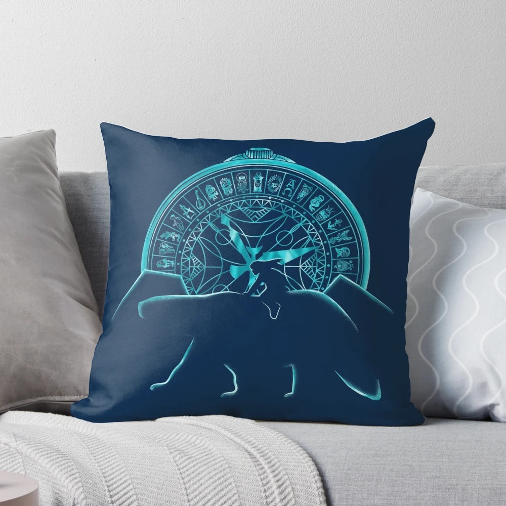 Northern Lights Pillow featuring a silhouette of a polar bear, inspired by the fantasy series His Dark Materials