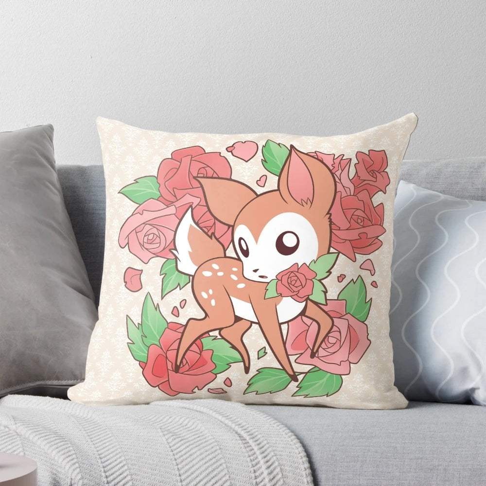 Soft, plush pillow featuring an adorable oh my deerling floral design in pink, green, and cream