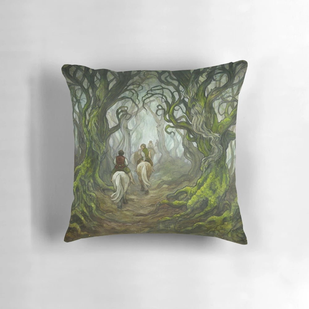 An artistic illustration of the Old Forest Pillow, featuring moss-covered branches, gnarled roots, and the mysterious atmosphere of Tolkien's legendary forests.
