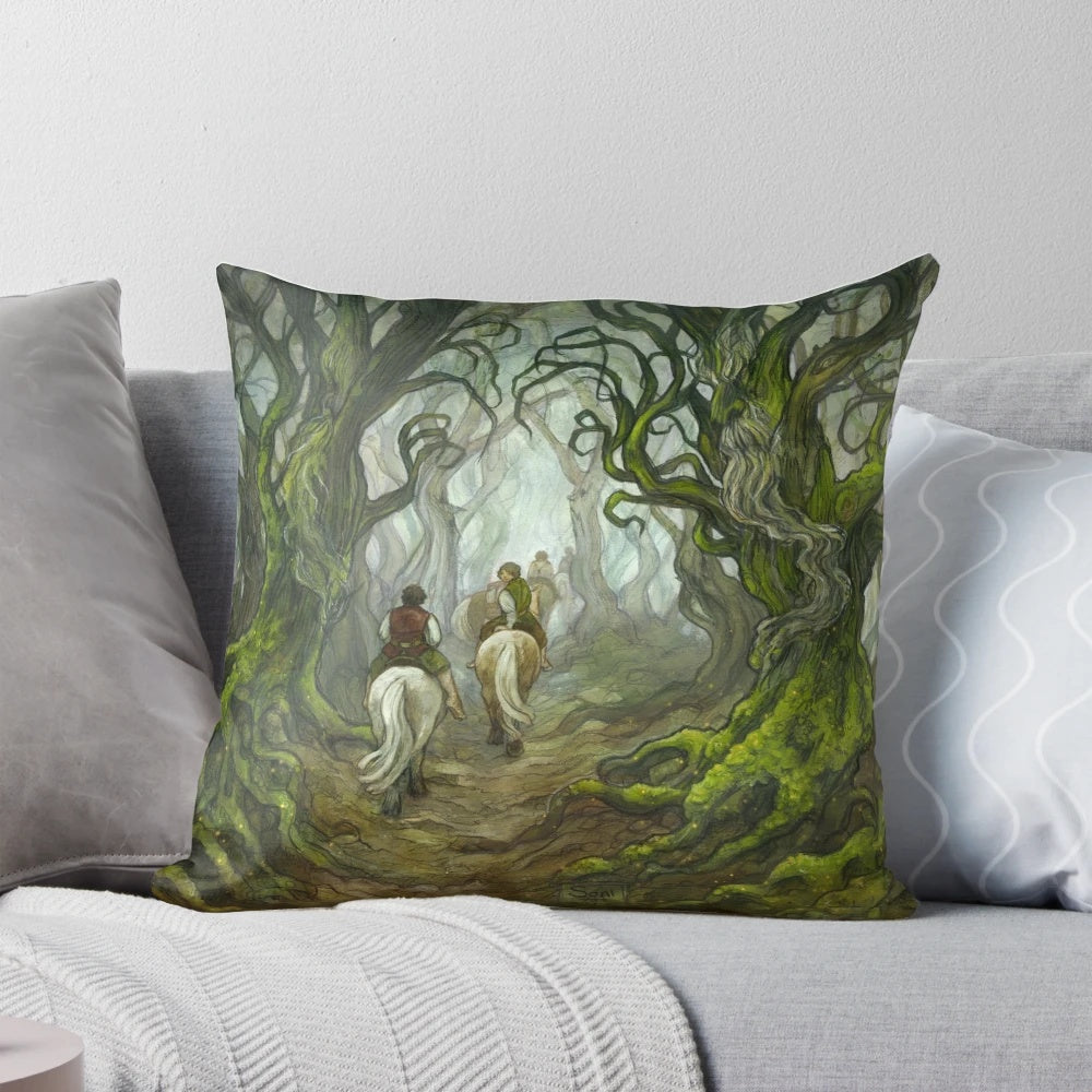 An artistic illustration of the Old Forest Pillow, featuring moss-covered branches, gnarled roots, and the mysterious atmosphere of Tolkien's legendary forests.