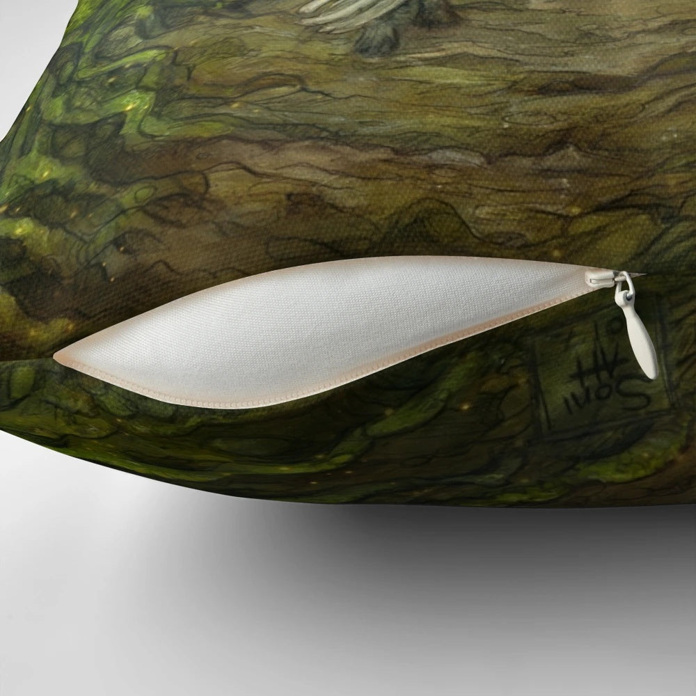An artistic illustration of the Old Forest Pillow, featuring moss-covered branches, gnarled roots, and the mysterious atmosphere of Tolkien's legendary forests.
