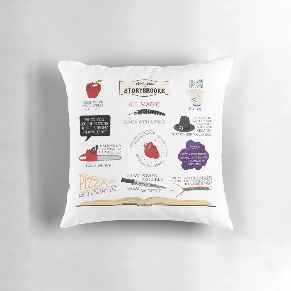 A plush pillow featuring iconic quotes from the beloved Once Upon a Time TV series.