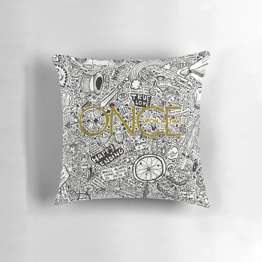 Soft, plush "Once Upon a Time" themed decorative pillow showcasing iconic elements from the beloved TV series.